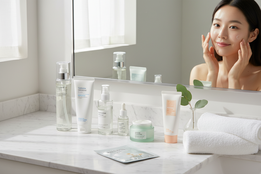 Woman applying moisturizer with Korean skincare routine guide products on bathroom counter for glowing skin