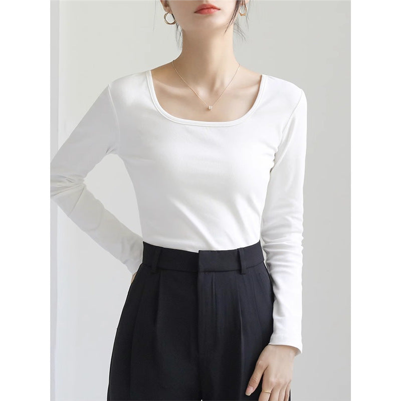 Women's Pure Cotton Slim-Fit Square Neck Long-Sleeve T-Shirt
