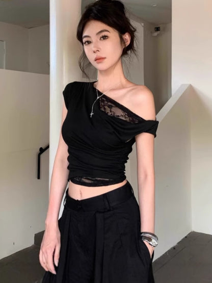 Slim strapless lace-embroidered short-sleeved T-shirt