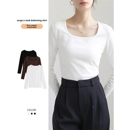 Women's Pure Cotton Slim-Fit Square Neck Long-Sleeve T-Shirt