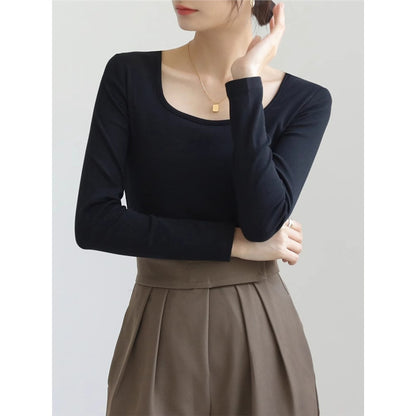 Women's Pure Cotton Slim-Fit Square Neck Long-Sleeve T-Shirt