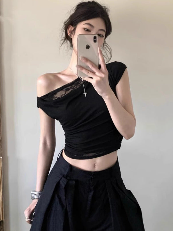 Slim strapless lace-embroidered short-sleeved T-shirt