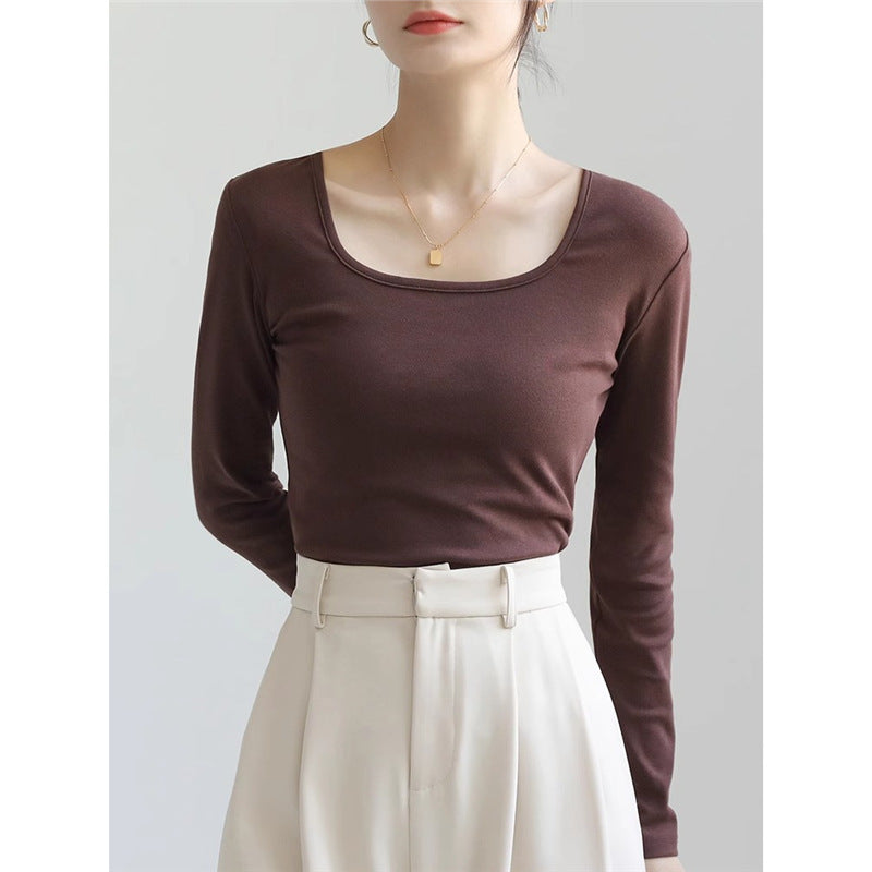 Women's Pure Cotton Slim-Fit Square Neck Long-Sleeve T-Shirt