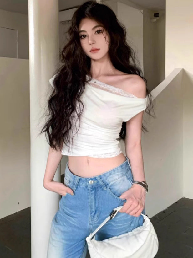 Slim strapless lace-embroidered short-sleeved T-shirt